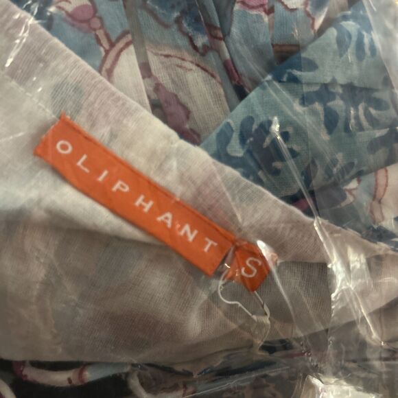 Oliphant Mini Dress Long Balloon Sleeves Tie Front Floral Fern Blue Small NWT - Picture 12 of 12